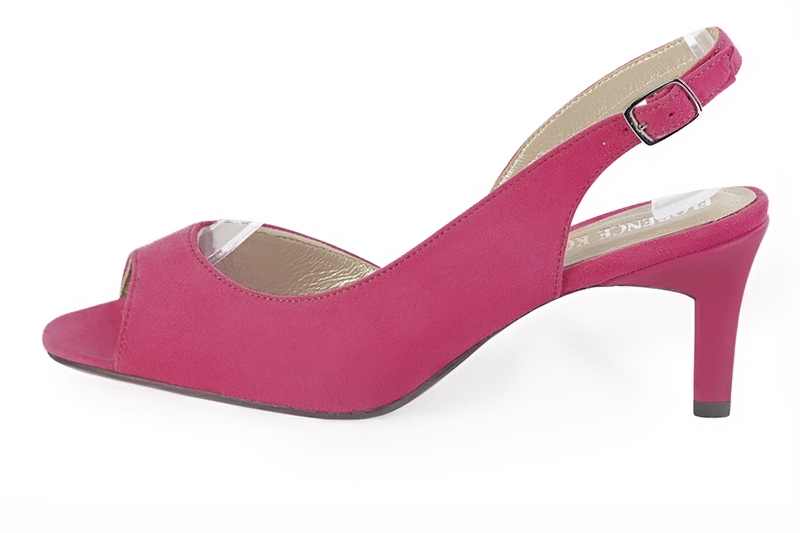 Hot pink women's slingback sandals. Square toe. Medium comma heels. Profile view - Florence KOOIJMAN
